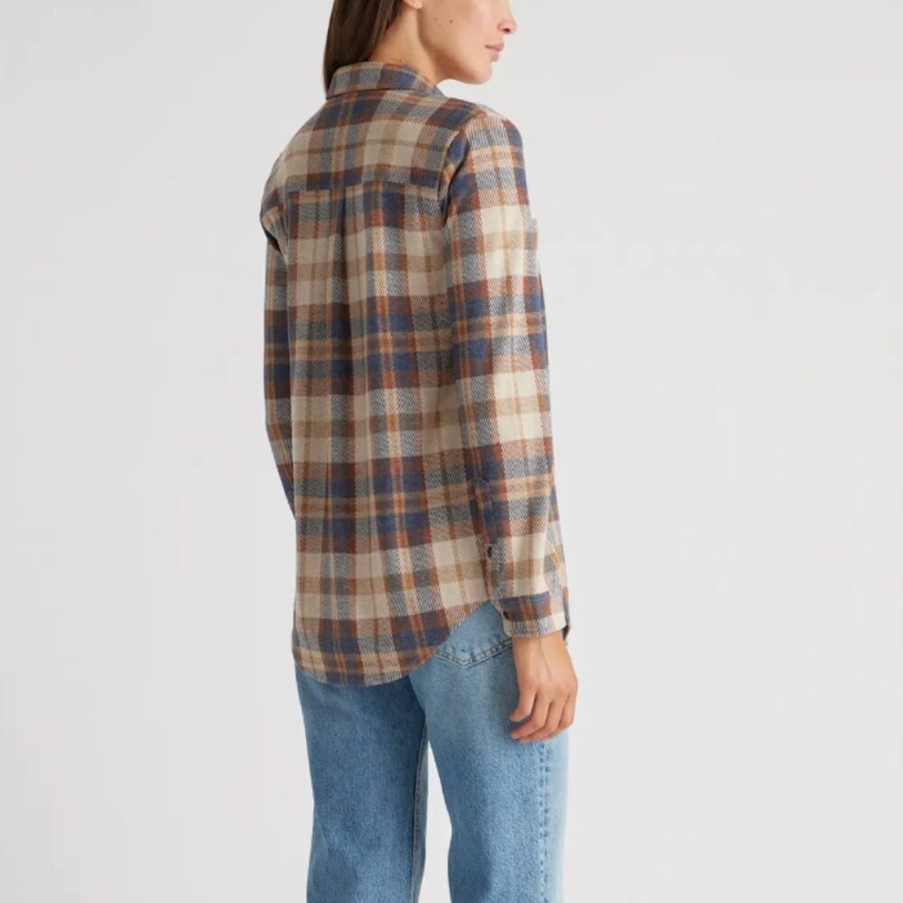 Quince Stretch Sweater Fleece Shirt in Mocha Check, Size Small - Picture 3 of 8